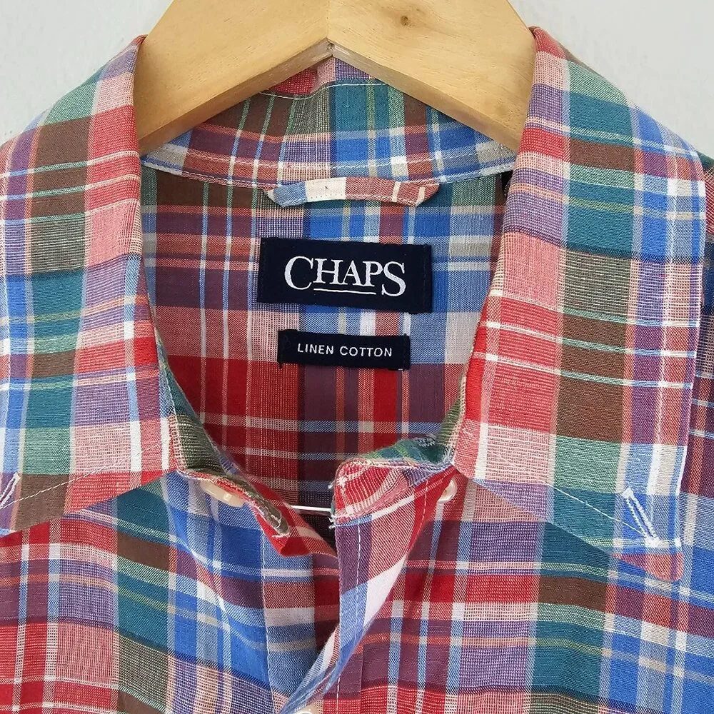 Ralph Lauren Chaps Linen Blend Colorful Plaid Shirt Mens Sz L Preppy Work Casual - Picture 4 of 9